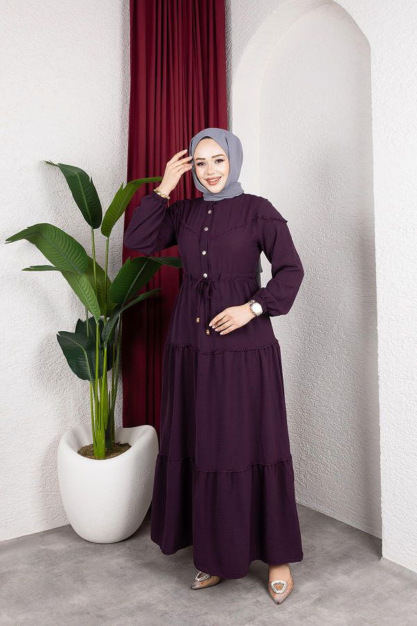 Belden Bağlamalı Tesettür Elbise-5071 Mor