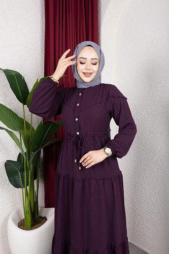 Modaebva - Belden Bağlamalı Tesettür Elbise-5071 Mor (1)