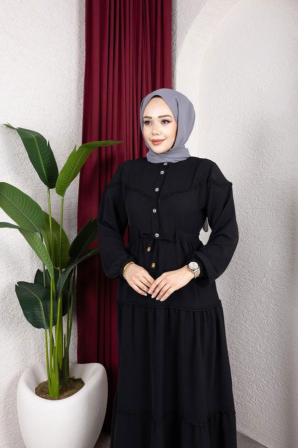 Belden Bağlamalı Tesettür Elbise-5071 Siyah