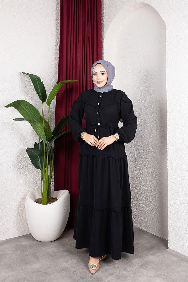 Belden Bağlamalı Tesettür Elbise-5071 Siyah