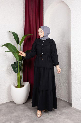 Belden Bağlamalı Tesettür Elbise-5071 Siyah - Thumbnail
