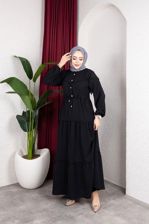 Belden Bağlamalı Tesettür Elbise-5071 Siyah