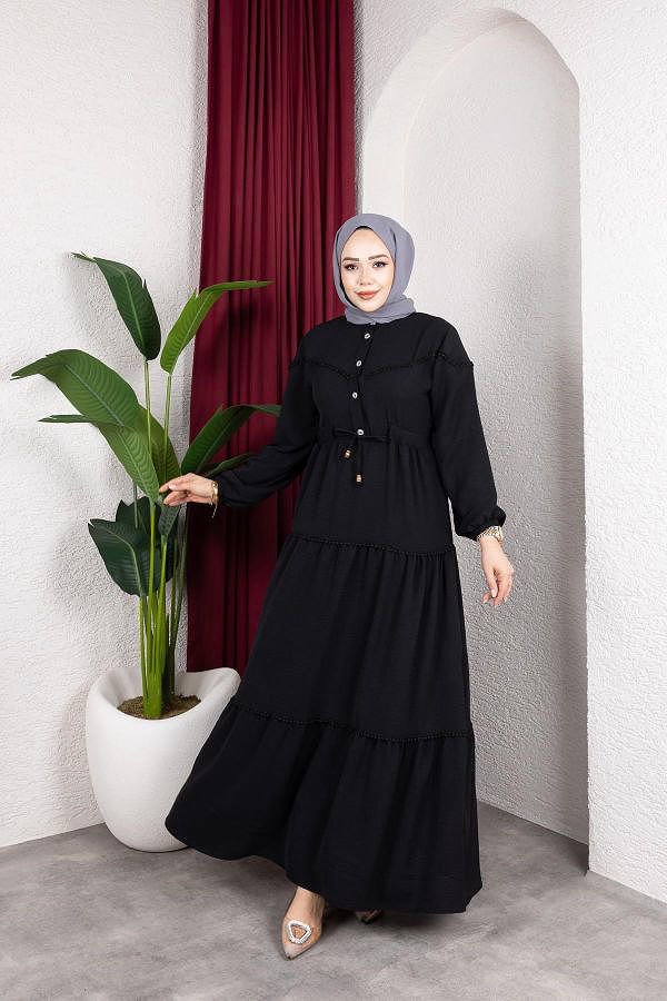 Belden Bağlamalı Tesettür Elbise-5071 Siyah