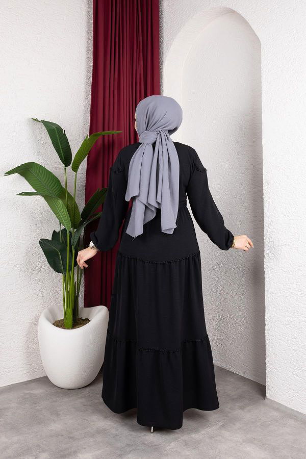 Belden Bağlamalı Tesettür Elbise-5071 Siyah