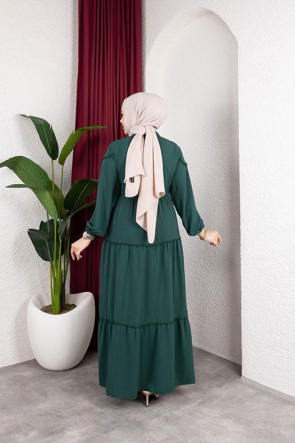 Belden Bağlamalı Tesettür Elbise-5071 Zümrüt yeşili