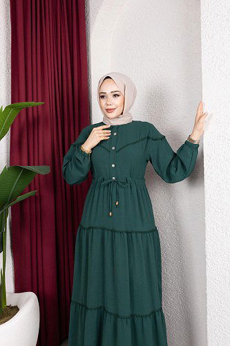 Modaebva - Belden Bağlamalı Tesettür Elbise-5071 Zümrüt yeşili (1)