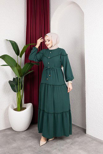 Belden Bağlamalı Tesettür Elbise-5071 Zümrüt yeşili - Thumbnail