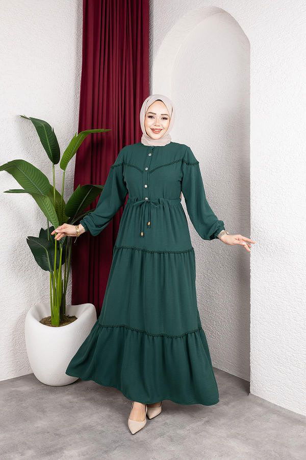 Belden Bağlamalı Tesettür Elbise-5071 Zümrüt yeşili