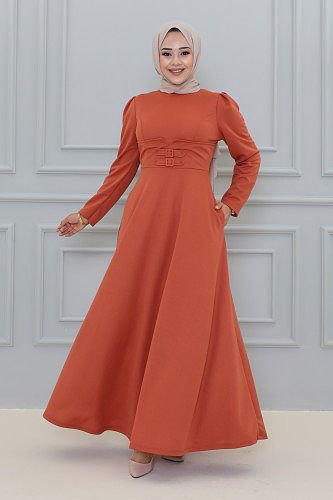 Modaebva - Belden Oturtmalı Toka Detaylı Tesettür Elbise-3139 Kiremit