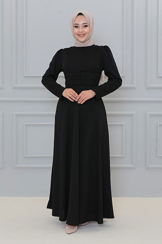 Belden Oturtmalı Toka Detaylı Tesettür Elbise-3139 Siyah - Thumbnail