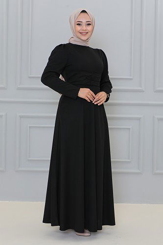 Belden Oturtmalı Toka Detaylı Tesettür Elbise-3139 Siyah - Thumbnail