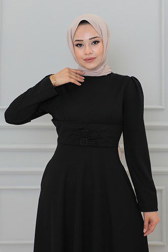 Belden Oturtmalı Toka Detaylı Tesettür Elbise-3139 Siyah - Thumbnail