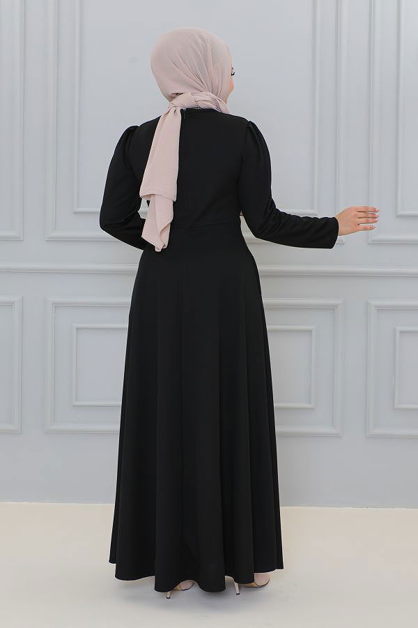 Belden Oturtmalı Toka Detaylı Tesettür Elbise-3139 Siyah