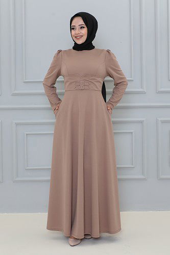 Belden Oturtmalı Toka Detaylı Tesettür Elbise-3139 Vizon - Thumbnail