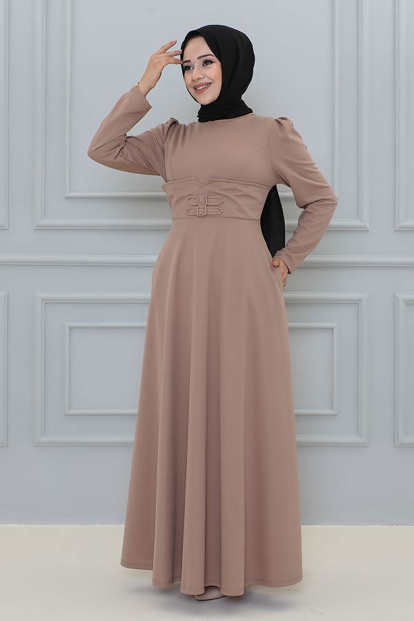 Belden Oturtmalı Toka Detaylı Tesettür Elbise-3139 Vizon
