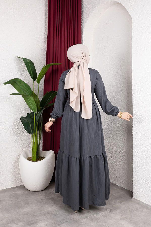 Beli Büzgülü İnci Ve Taş Detaylı Elbise-5070 Antrasit