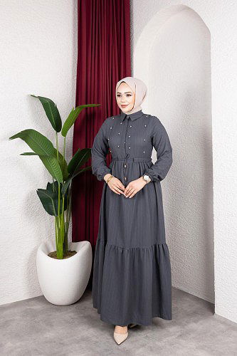 Beli Büzgülü İnci Ve Taş Detaylı Elbise-5070 Antrasit - Thumbnail