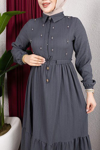 Beli Büzgülü İnci Ve Taş Detaylı Elbise-5070 Antrasit - Thumbnail