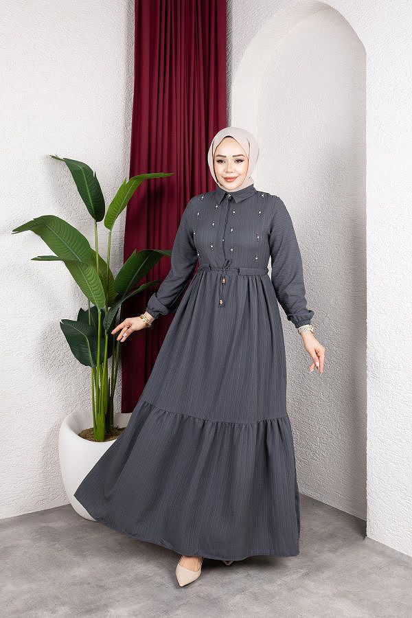 Beli Büzgülü İnci Ve Taş Detaylı Elbise-5070 Antrasit