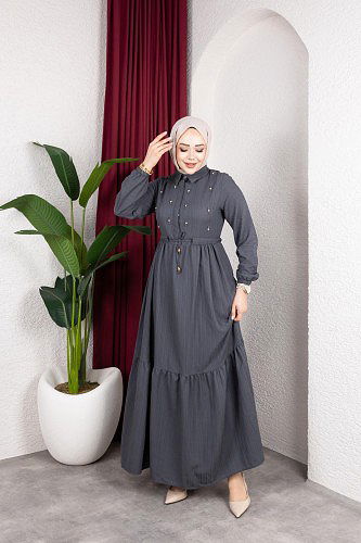 Modaebva - Beli Büzgülü İnci Ve Taş Detaylı Elbise-5070 Antrasit