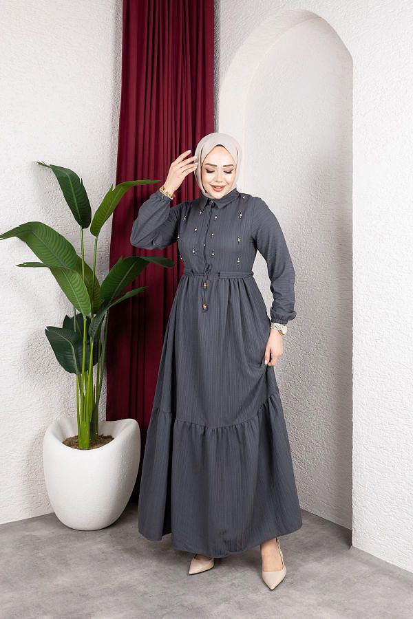 Beli Büzgülü İnci Ve Taş Detaylı Elbise-5070 Antrasit