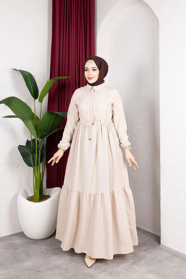 Beli Büzgülü İnci Ve Taş Detaylı Elbise-5070 Bej