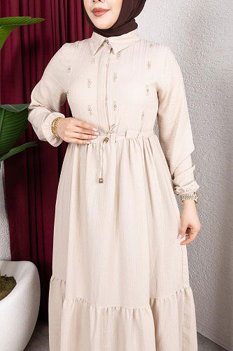 Beli Büzgülü İnci Ve Taş Detaylı Elbise-5070 Bej - Thumbnail