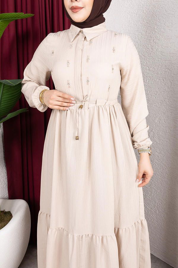 Beli Büzgülü İnci Ve Taş Detaylı Elbise-5070 Bej
