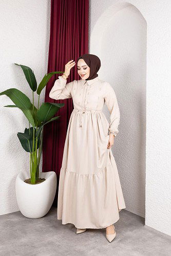 Modaebva - Beli Büzgülü İnci Ve Taş Detaylı Elbise-5070 Bej (1)