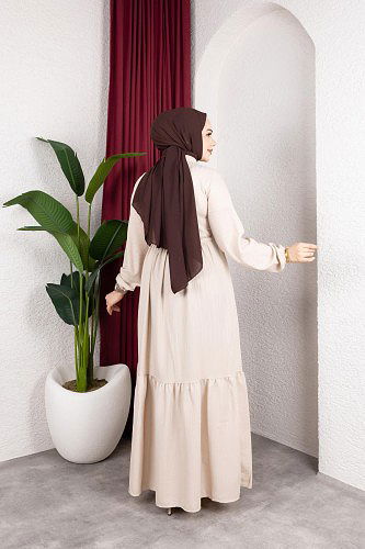 Beli Büzgülü İnci Ve Taş Detaylı Elbise-5070 Bej - Thumbnail