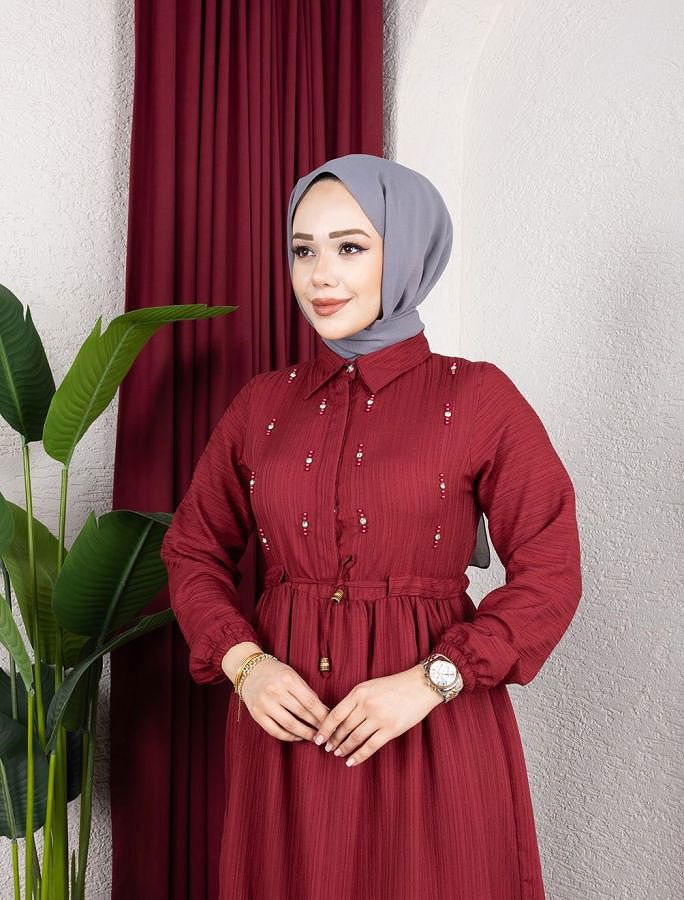 Beli Büzgülü İnci Ve Taş Detaylı Elbise-5070 Bordo