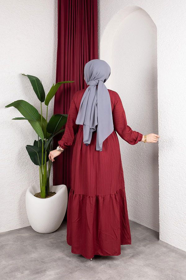 Beli Büzgülü İnci Ve Taş Detaylı Elbise-5070 Bordo