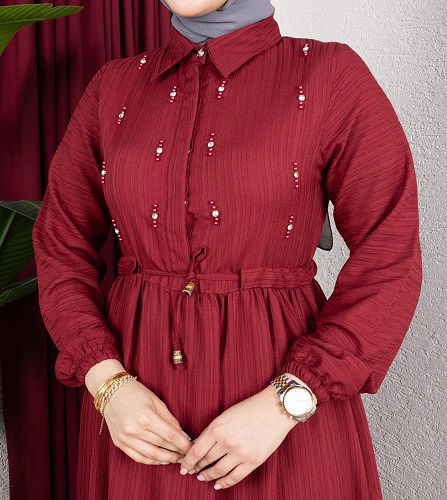 Beli Büzgülü İnci Ve Taş Detaylı Elbise-5070 Bordo - Thumbnail