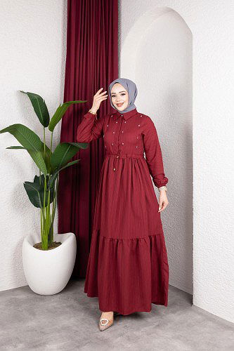 Modaebva - Beli Büzgülü İnci Ve Taş Detaylı Elbise-5070 Bordo