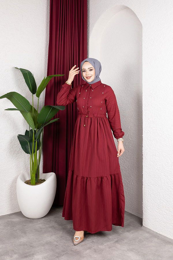 Beli Büzgülü İnci Ve Taş Detaylı Elbise-5070 Bordo