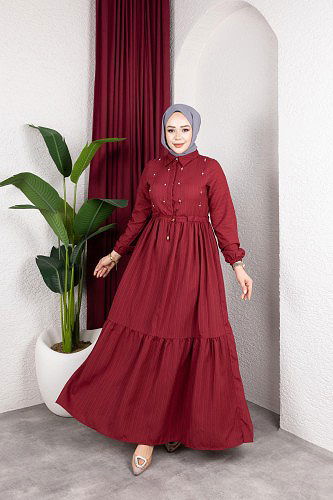 Beli Büzgülü İnci Ve Taş Detaylı Elbise-5070 Bordo - Thumbnail