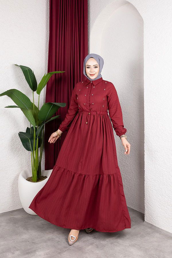 Beli Büzgülü İnci Ve Taş Detaylı Elbise-5070 Bordo