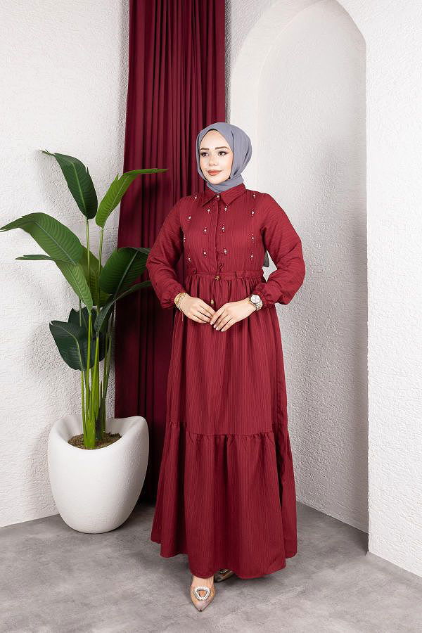 Beli Büzgülü İnci Ve Taş Detaylı Elbise-5070 Bordo