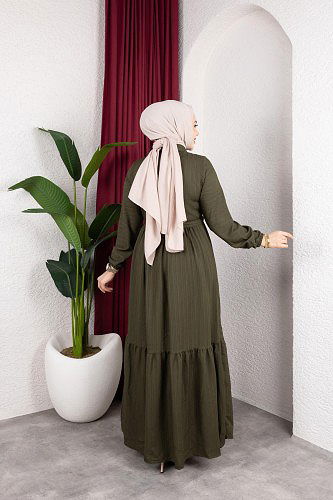 Beli Büzgülü İnci Ve Taş Detaylı Elbise-5070 Haki yeşili - Thumbnail