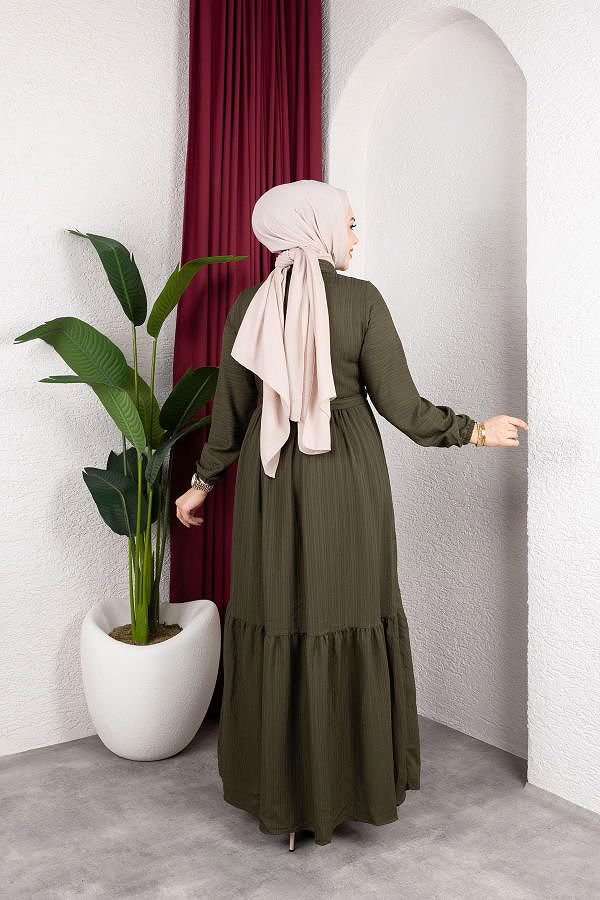 Beli Büzgülü İnci Ve Taş Detaylı Elbise-5070 Haki yeşili