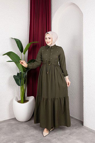 Modaebva - Beli Büzgülü İnci Ve Taş Detaylı Elbise-5070 Haki yeşili