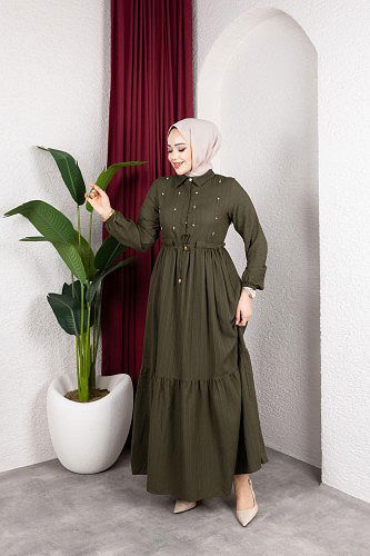 Modaebva - Beli Büzgülü İnci Ve Taş Detaylı Elbise-5070 Haki yeşili (1)