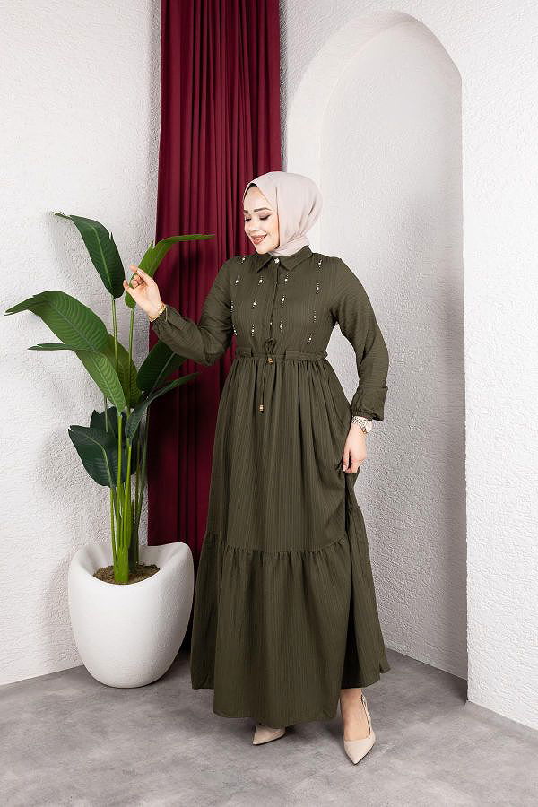 Beli Büzgülü İnci Ve Taş Detaylı Elbise-5070 Haki yeşili