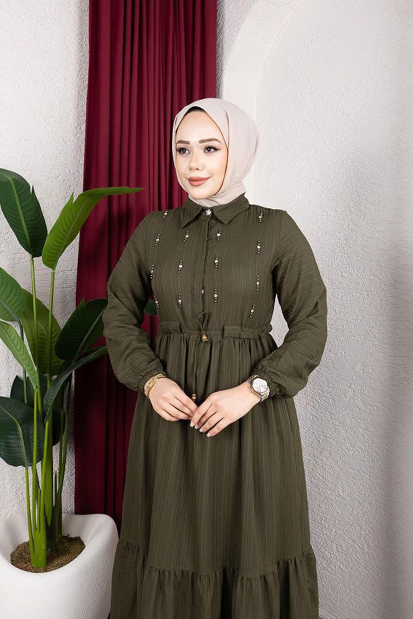 Beli Büzgülü İnci Ve Taş Detaylı Elbise-5070 Haki yeşili