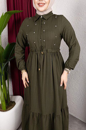 Beli Büzgülü İnci Ve Taş Detaylı Elbise-5070 Haki yeşili - Thumbnail