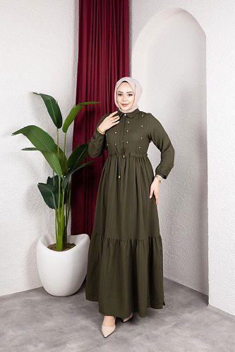 Beli Büzgülü İnci Ve Taş Detaylı Elbise-5070 Haki yeşili - Thumbnail