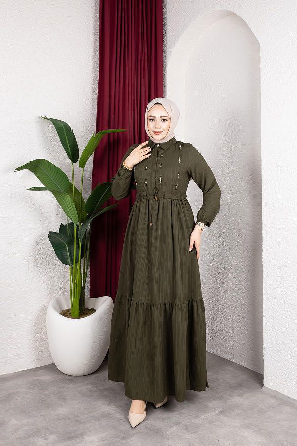 Beli Büzgülü İnci Ve Taş Detaylı Elbise-5070 Haki yeşili