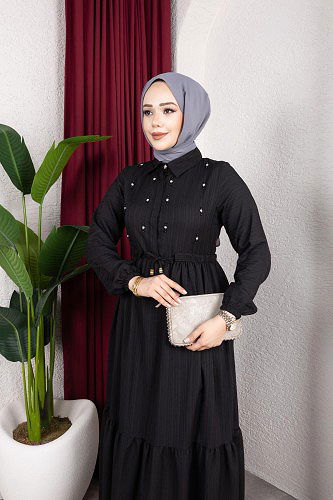 Modaebva - Beli Büzgülü İnci Ve Taş Detaylı Elbise-5070 Siyah (1)