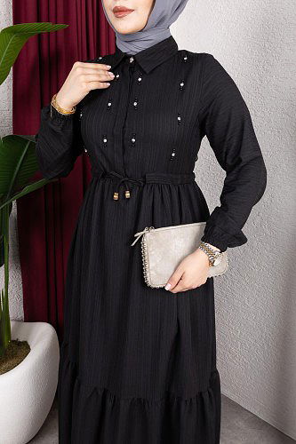 Beli Büzgülü İnci Ve Taş Detaylı Elbise-5070 Siyah - Thumbnail