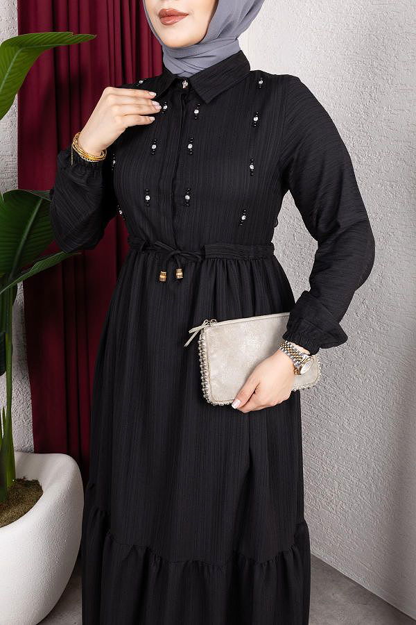Beli Büzgülü İnci Ve Taş Detaylı Elbise-5070 Siyah